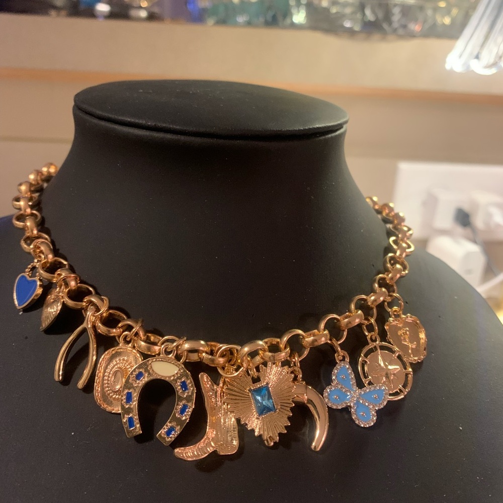Gold Charm Necklace with Blue Accents